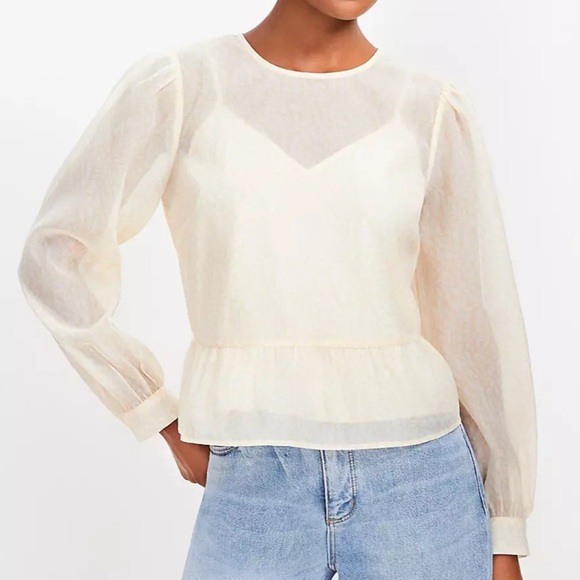 NWT Loft feather print tie back peplum blouse Cream Blouse size small - Picture 1 of 11